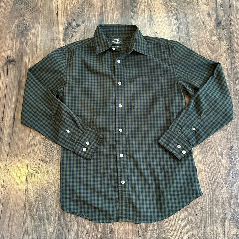 Men's Knox & Lane Long Sleeve Button Up Collared Green Black Plaid Shirt, S